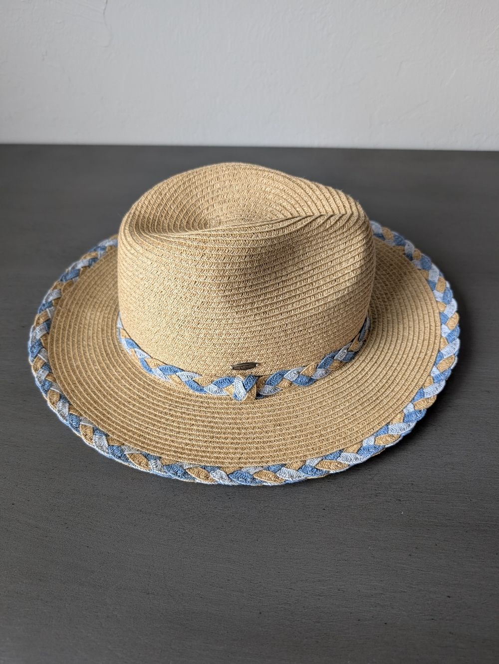 C.C Paper Straw Brown Blue Trim Braided Hat Summer Boho